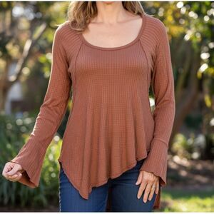 Free People Brown Waffle Knit Tunic Top Pullover Long Sleeve Boho Henley Size S